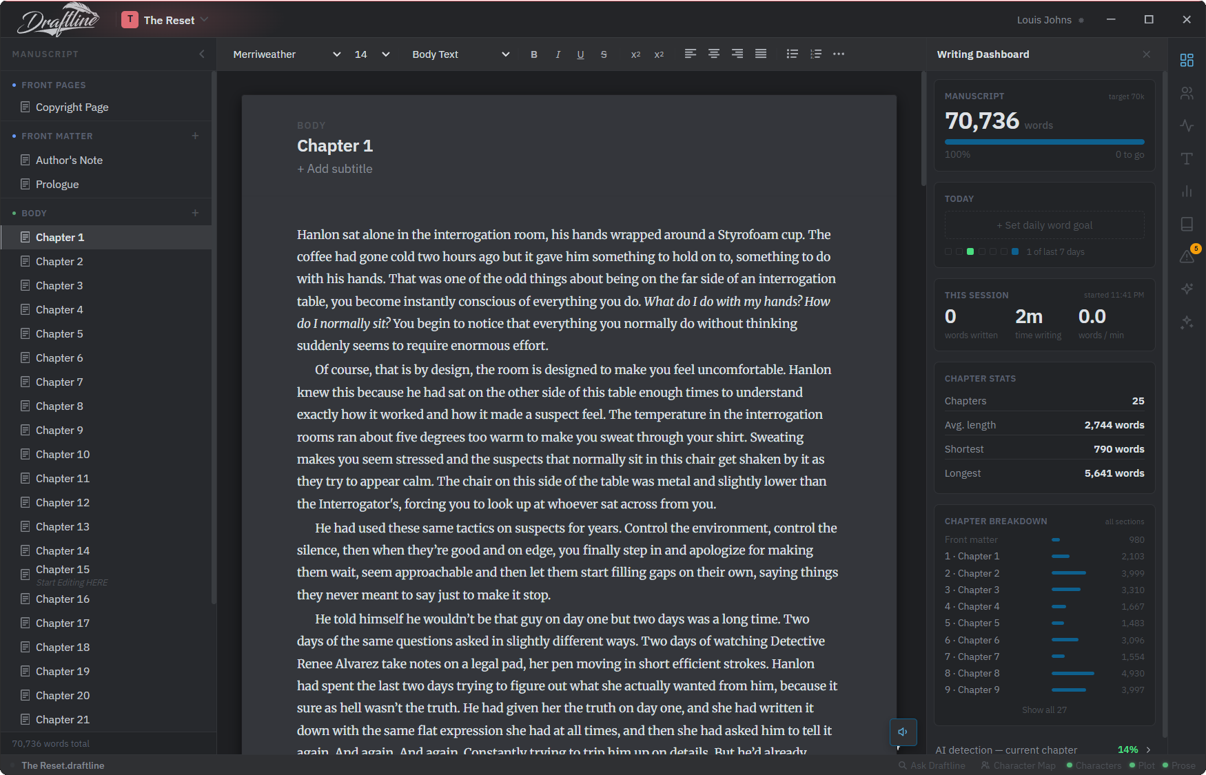 The Draftline editor: manuscript panel, floating page, and Writing Dashboard
