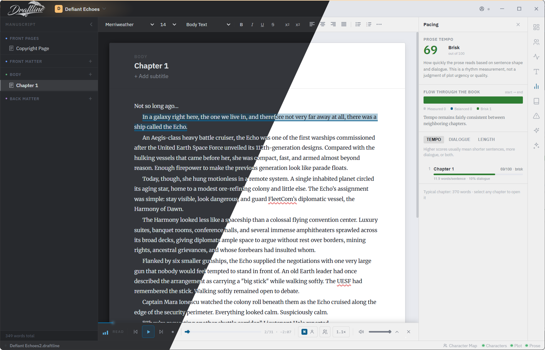 The Draftline editor split diagonally between its dark theme and its light theme, showing the same chapter in both with the Pacing panel open